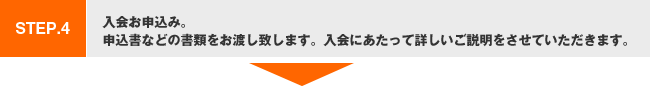 ステップ4.入会お申込み。申込書などの書類をお渡し致します。入会にあたって詳しいご説明をさせていただきます。